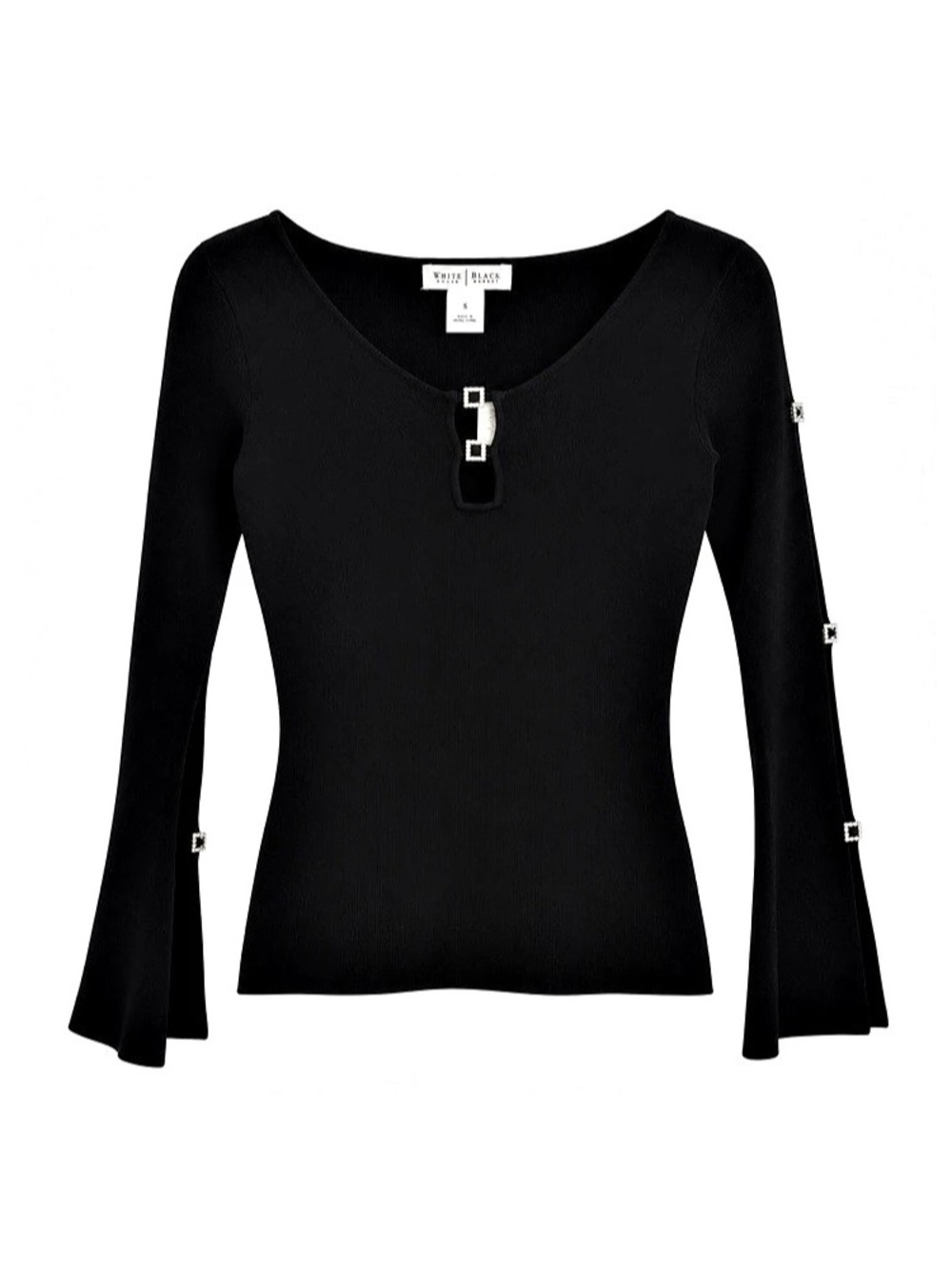 White House Black Market Black Rhinestone Buckle Long Sleeve Knit Top Size S NWT